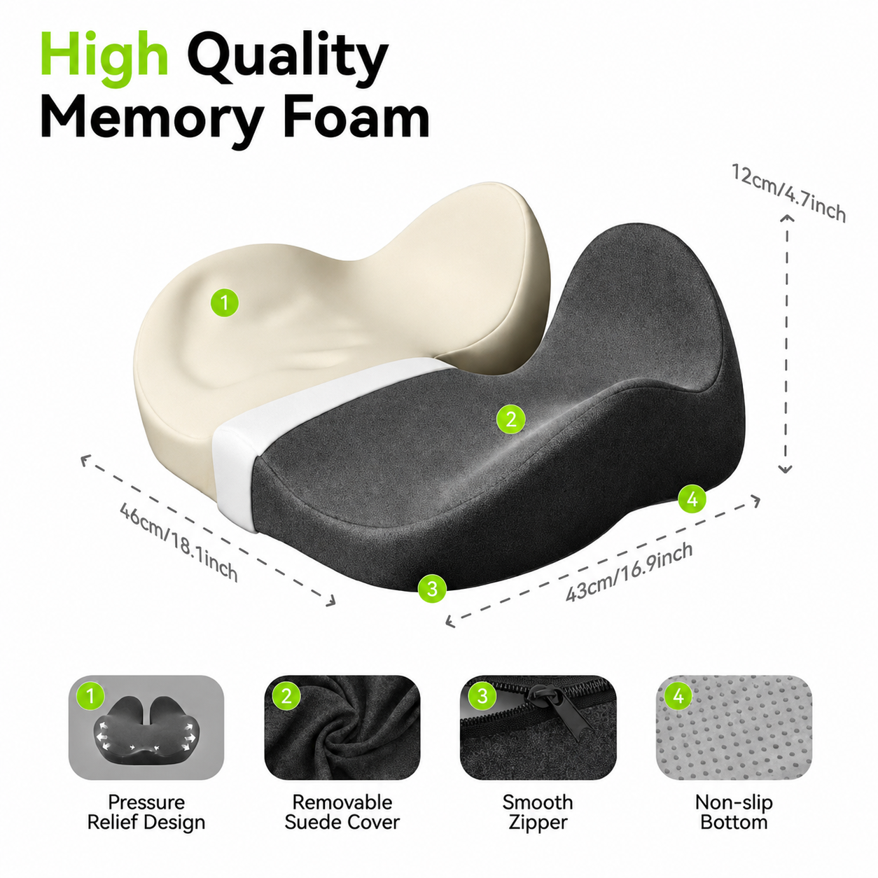 Contoured memory foam seat cushion in grey with beige top; removable cover, zipper