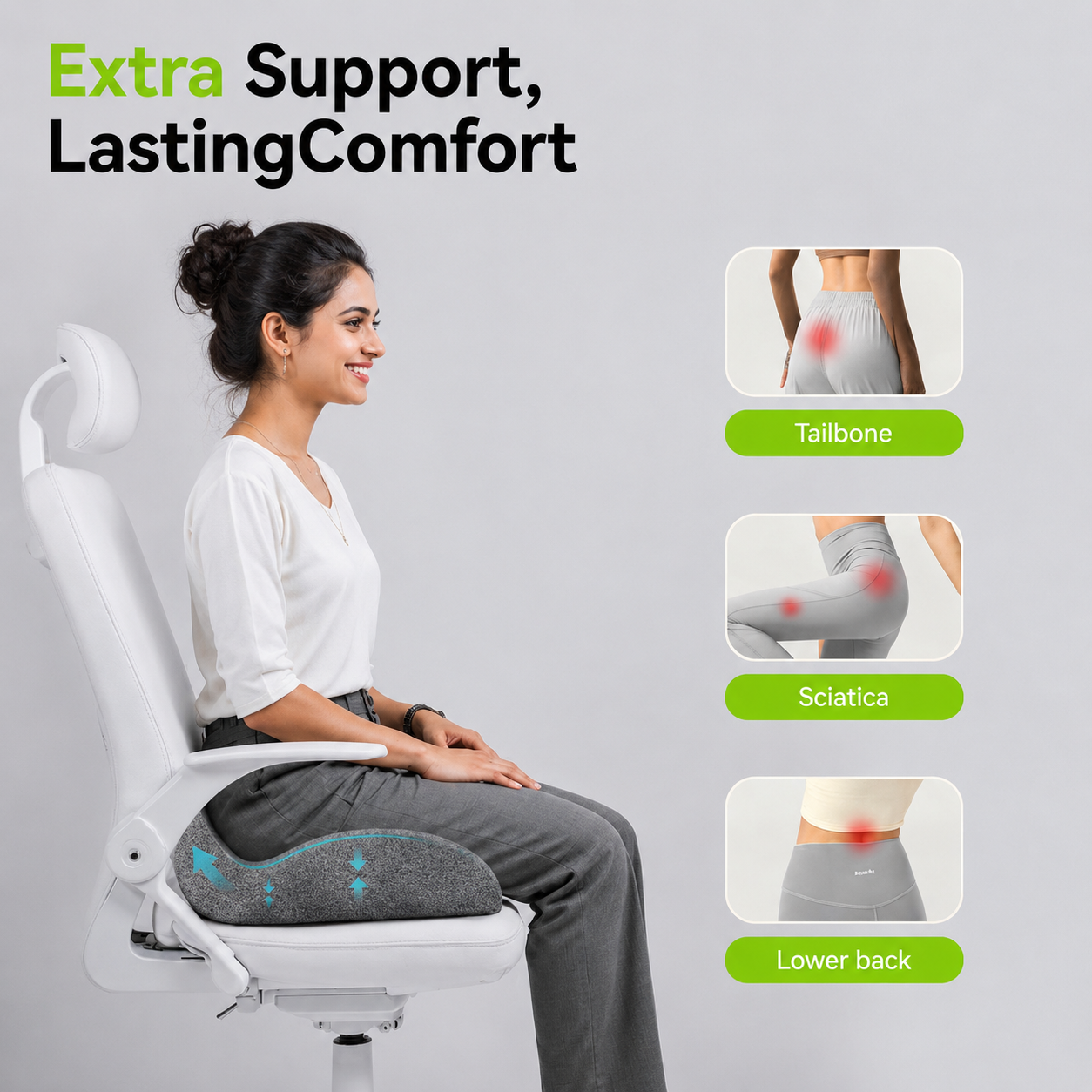 Grey memory foam seat cushion with mesh back and lumbar support on office chair