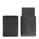 Black laptop sleeve with front flap and embossed stand panel, shown front and back
