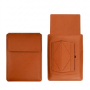 Brown laptop sleeve with built-in stand, closed and open flap views