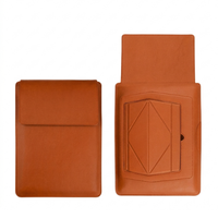 Brown laptop sleeve with built-in stand, closed and open flap views