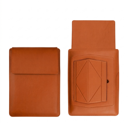 Brown laptop sleeve with built-in stand, closed and open flap views