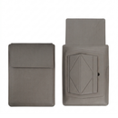 Grey laptop sleeve with built-in stand, closed and open flap views