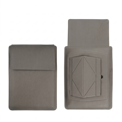 Grey laptop sleeve with built-in stand, front flap closed and raised