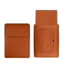 Brown laptop sleeve with built-in stand, front flap closed and raised