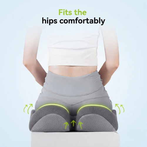 Gray memory foam seat cushion shaped for comfortable hip support