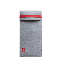 Gray felt laptop desk sleeve with red strap and front flap, small logo patch.